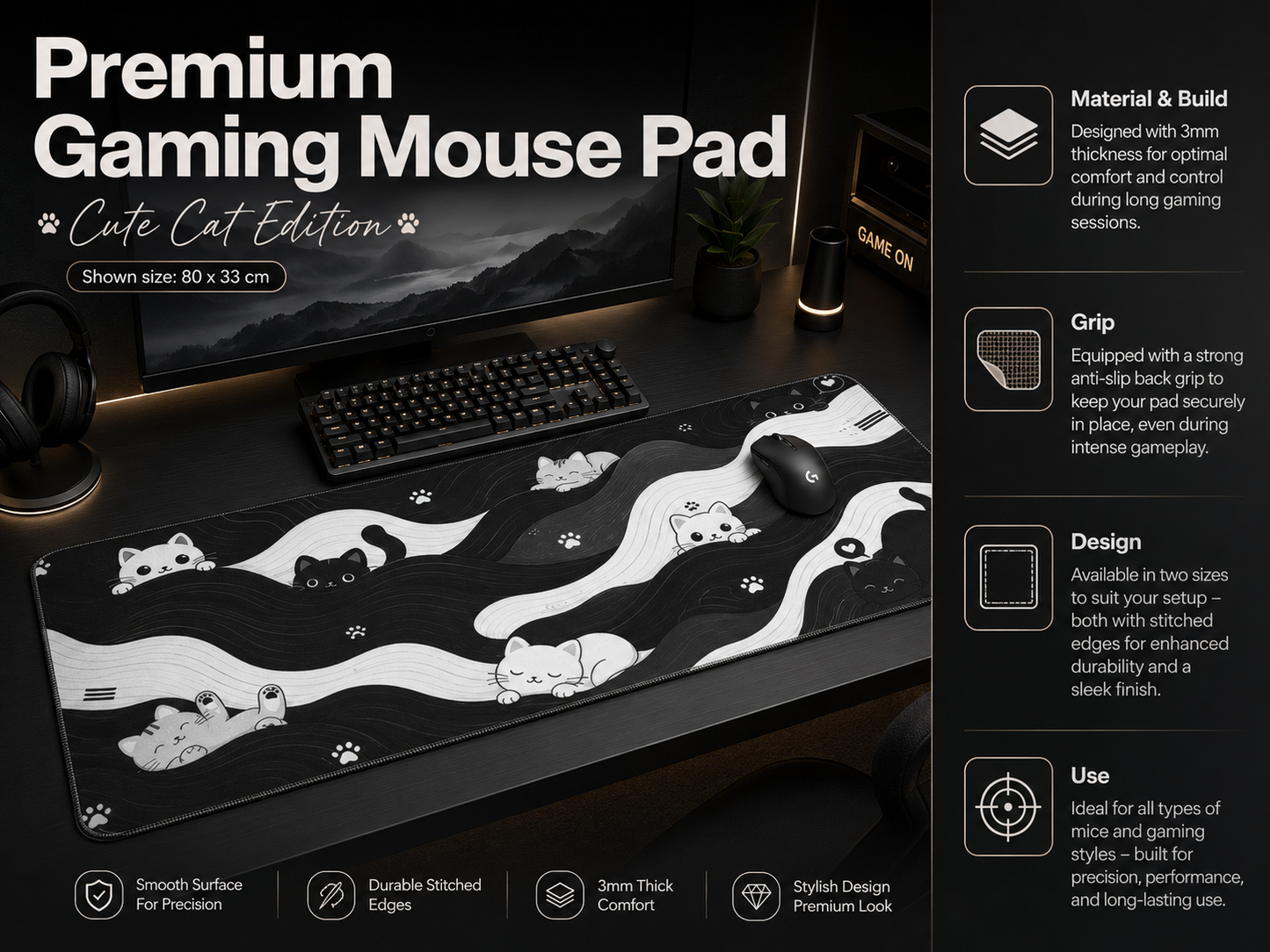 Cat Black Theme Gaming Pad