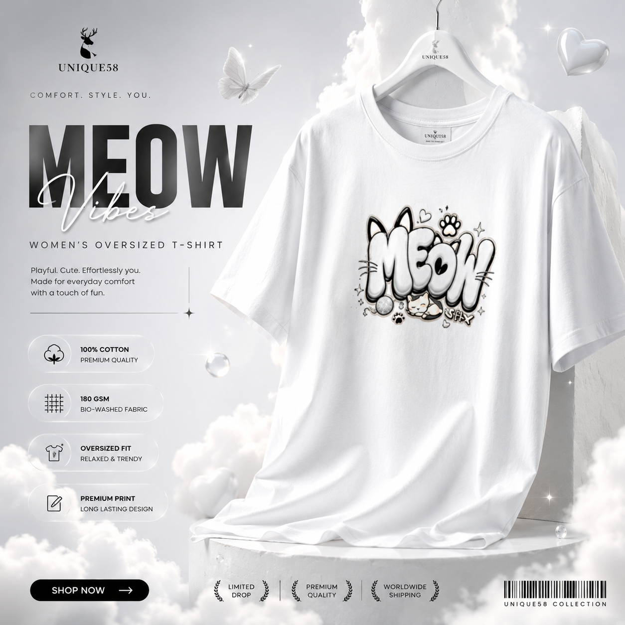 Meow White Unisex Basic T-Shirt