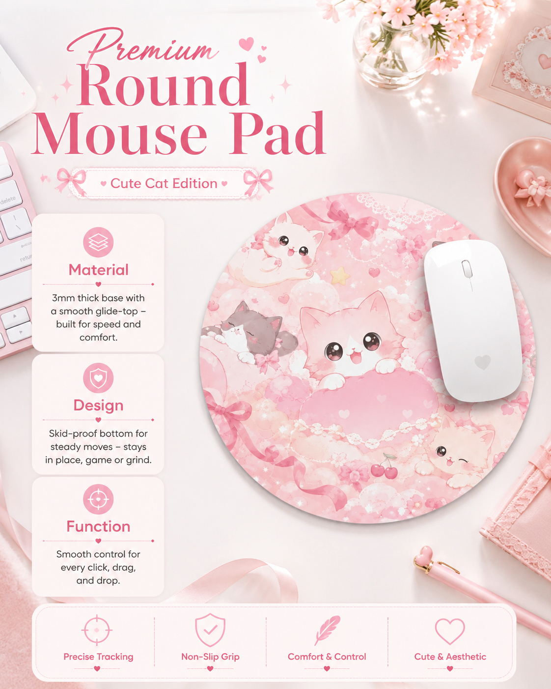 Pink Cute Cat Mouse Pad